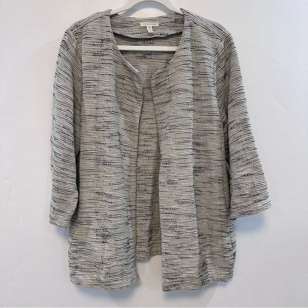 EILEEN FISHER Natural handloomed cotton Furrows Textured Round Neck Jacket